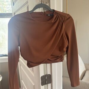 Zara Chestnut Draped FLATTERING Long Sleeve Blouse- like new